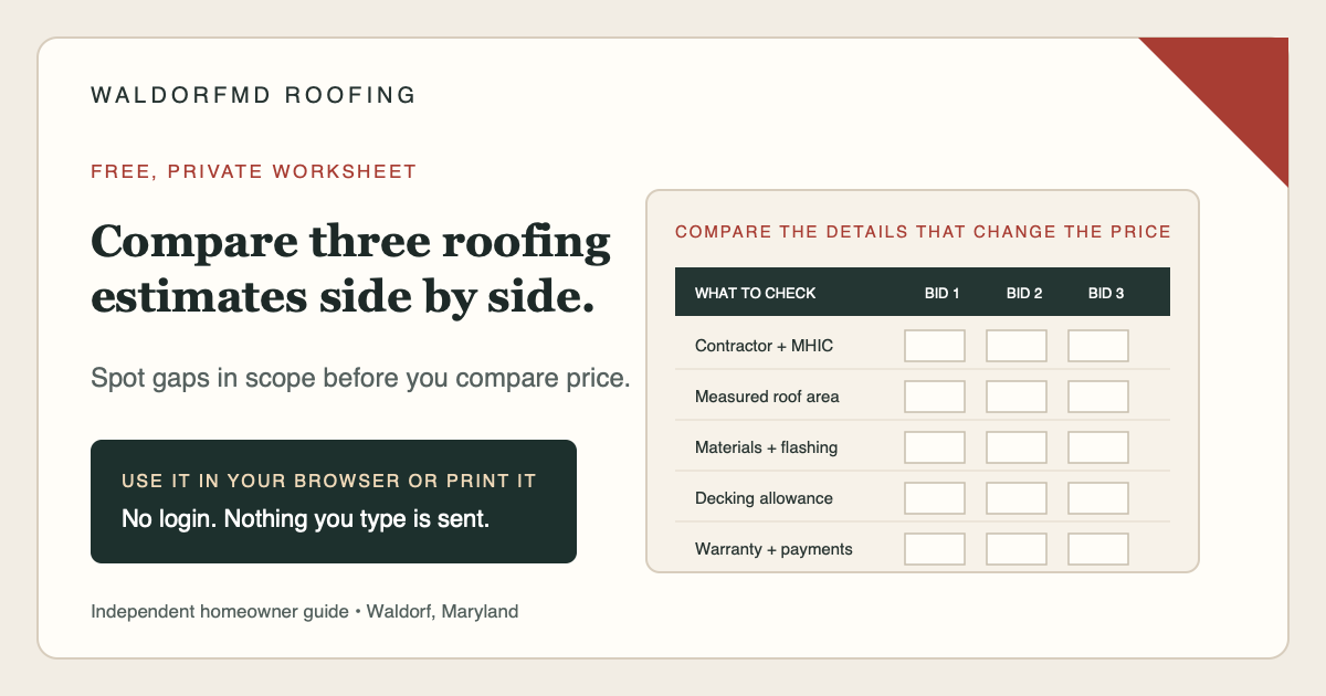 Preview of a private worksheet for comparing contractor identity, measured roof area, materials, flashing, decking allowance, warranty, and payments across three roofing estimates