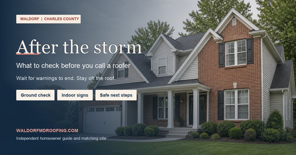 Waldorf after-storm roof guide showing a house and three safe checkpoints: ground check, indoor signs, and next steps